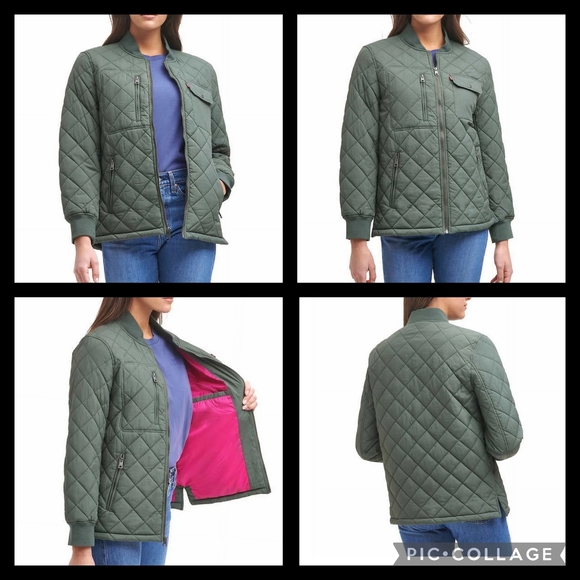 Levi's Womens Olive Green Quilted Bomber Jacket Pink Lining Casual Lightweight M - Picture 1 of 9